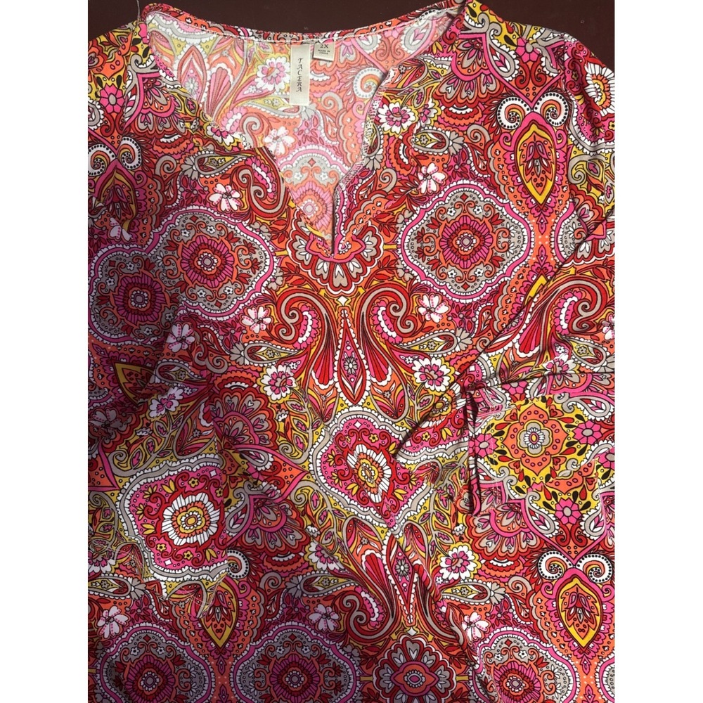 Tacera Paisley Print Blouse V-Neck Long Sleeve Top Red Pink Orange 2X